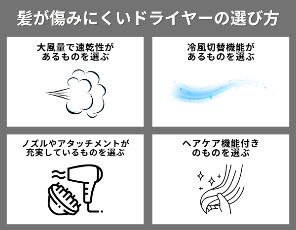 髪が傷みにくいドライヤーの選び方が分かる画像