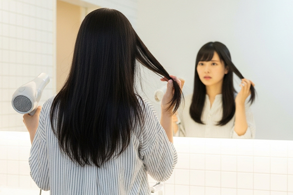 鏡を見ている女性