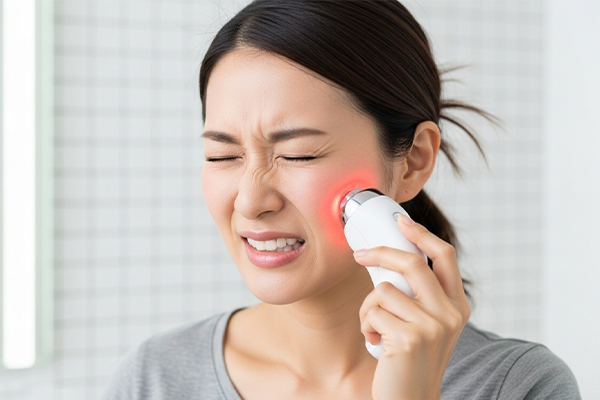 美顔器で強い摩擦刺激を与えている