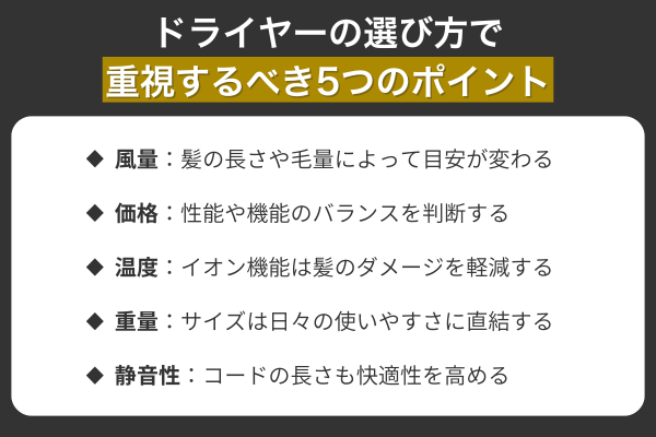 ドライヤーの選び方で重視するべき5つのポイント