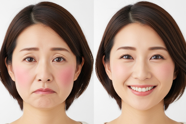 チークの位置を比較している