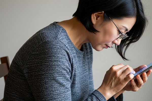 姿勢の悪い女性がスマホを操作している