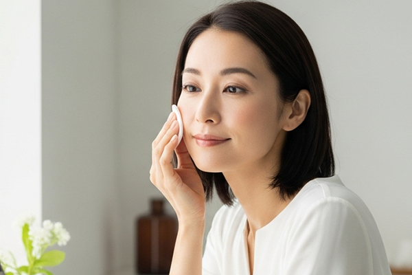 ほうれい線をスキンケアする女性