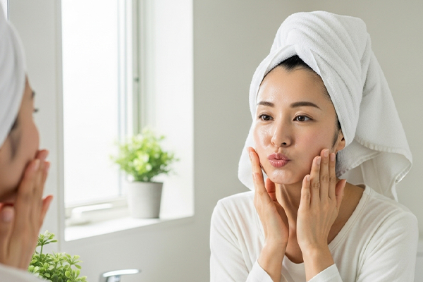 お風呂上りにマッサージをする女性