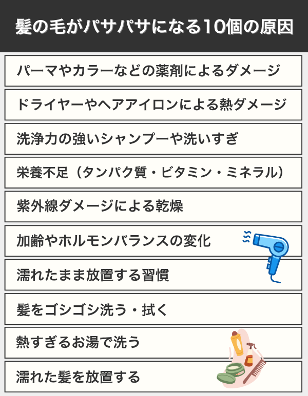 髪の毛がパサパサになる10個の原因