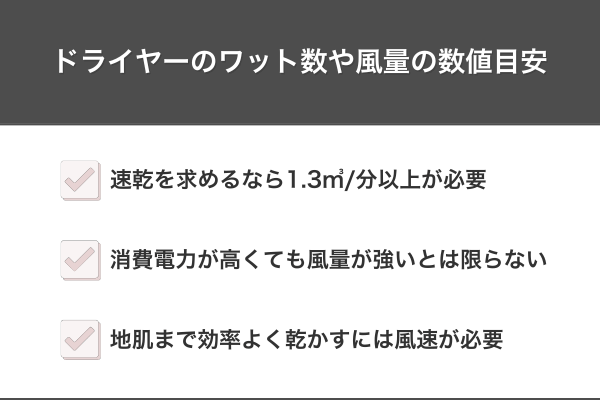 ドライヤーのワット数や風量の数値目安